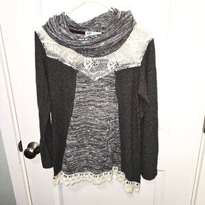 Jolt Cowl Neck Top Multi Media Fabric Lace Tunic Size Large Black Gray White